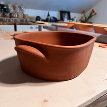 Load image into Gallery viewer, Casserole dish in cobalt Blue World glaze. shown with a spaghetti squash baked in it. wheel thrown and altered, with pulled handles added. made with stoneware clay.