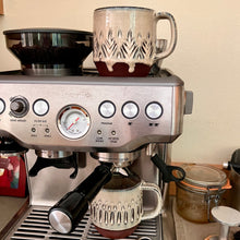 Load image into Gallery viewer, Espresso mugs, artisan made, hand carved. shown here with a Breville Espresso machine