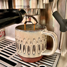 Load image into Gallery viewer, the carved mug shown under the Breville Espresso maker. Perfect fit, perfect cup of coffee.