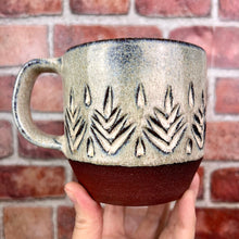 Load image into Gallery viewer, carved mug with tree pattern. hand carved artisan made mug by Meredith Chernick