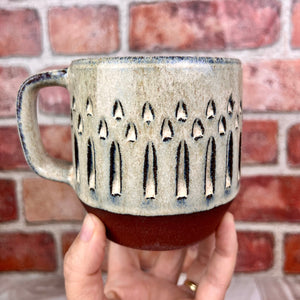 carved mug with vertical pattern. hand carved artisan made mug by Meredith Chernick