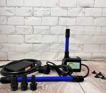 Load image into Gallery viewer, Glaze Splash Glaze Pump kit from Fern Street Pottery. The compatible electrical switch and pump are shown here with attatchment spouts/risers, and four suction cups (optional to use).