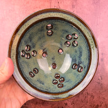 Load image into Gallery viewer, Pint size berry colander. Wheel thrown pottery, red stoneware shown in moss green glaze.