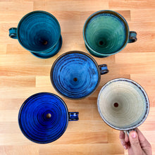 Load image into Gallery viewer, birds eye view of the coffee pour overs in Rich Teal, Moss Green, Icy Blue, Cobalt Blue, Speckled white