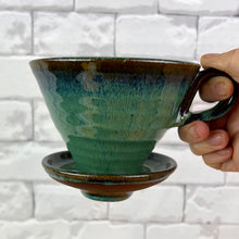 Load image into Gallery viewer, Coffee pour over shown in Mossy Green glaze over rich red stoneware. Fern Street Pottery