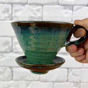 Coffee pour over shown in Mossy Green glaze over rich red stoneware. Fern Street Pottery