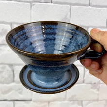 Load image into Gallery viewer, Coffee pour over shown in Icy Blue glaze over rich red stoneware. Fern Street Pottery