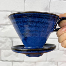 Load image into Gallery viewer, Coffee pour over shown in Cobalt Blue glaze over rich red stoneware. Fern Street Pottery