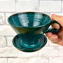 Load image into Gallery viewer, Coffee pour over shown in Teal glaze over rich red stoneware. Fern Street Pottery