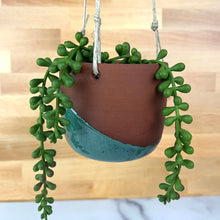 Load image into Gallery viewer, A deep red-brown stoneware ceramic hanging planter with a glossy moss green glazed lower half, suspended by hemp twine. shown with trailing green succulent plants