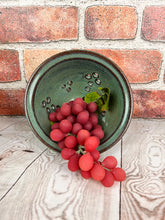 Load image into Gallery viewer, Pint size berry colander. Wheel thrown pottery, red stoneware shown in Moss Green glaze.