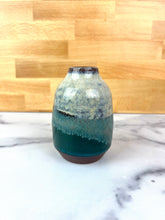 Load image into Gallery viewer, small bud vase, heath style, in white and green glaze on red stoneware clay.