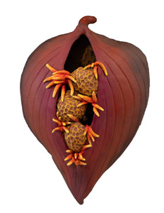 Close-up of a an artist rendition of a sculpted seedpod with stamens on a white background