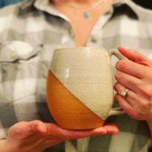 Load image into Gallery viewer, Showing mug style of one of the mugs from the coffee gift set including two angle dipped coffee mugs, one coffee pour over and a matching bud vase. handcrafted, wheel thrown stoneware pottery