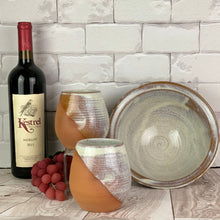 Load image into Gallery viewer, Artisan crafted serving bowls in a rustic Speckled White glaze shown with wine tumblers. bowls are  8&quot; and 9&quot; in diameter