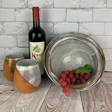 Load image into Gallery viewer, Artisan crafted serving bowls in a rustic Speckled White glaze shown with wine tumblers. bowls are  8&quot; and 9&quot; in diameter