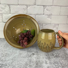 Load image into Gallery viewer, 8&quot; colander in caramel, shown with matching caramel carved Mug.