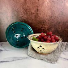 Load image into Gallery viewer, Pint + size berry colanders. Wheel thrown pottery, red stoneware shown in white and teal glaze.