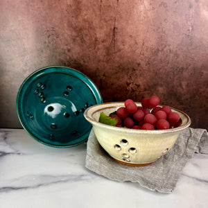 Pint + size berry colanders. Wheel thrown pottery, red stoneware shown in white and teal glaze.