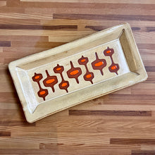 Load image into Gallery viewer, newly made, vintage style. This MidMod serving tray is designed to fit in with your MidCenturyModern style. shown here in Dijon Yellow with orange accent, and some beautiful red stoneware clay showing through. 