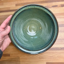 Load image into Gallery viewer, large &quot;Mottled Green&quot; serving bowl. wheelthrown, trimmed and glazed by Artist, Meredith Chernick. the bowl is glazed in a rich mottled green glaze that shows the beautiful red clay through the edges.. No two are ever the same, each with unique glaze patterns