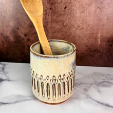 Load image into Gallery viewer, utensil holder, wheel thrown stoneware, handcarved texture. red clay with speckled white glaze