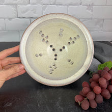 Load image into Gallery viewer, A wheel thrown pottery colander in speckled white glaze. 8&quot; diameter colander