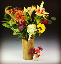 Load image into Gallery viewer, woodgrain textured vase, cylindrical in shape. reminiscent of a tree. shown with bud vase (this vase not customized with initials, but available)