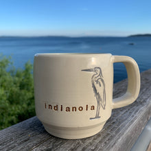 Load image into Gallery viewer, indianola mug, wheelthrown with great blue heron image inset.