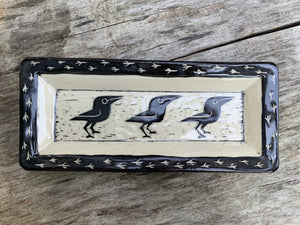 Crow plate, white with black sgraffito carved crow