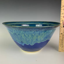 Load image into Gallery viewer, wheelthrown blue world bowl. the bowl is glazed in cobalt blue with turquoise green glaze melting down into the blue from the rim of the bowls. 